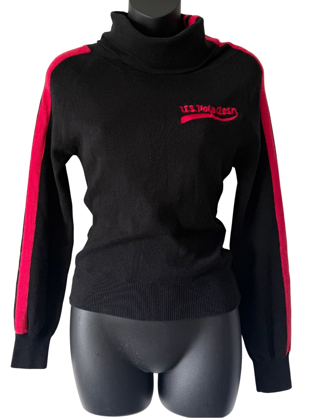 U.S. Polo Assn. Turtleneck Sweater Womens Medium Balck Red Stripe Vintage 90